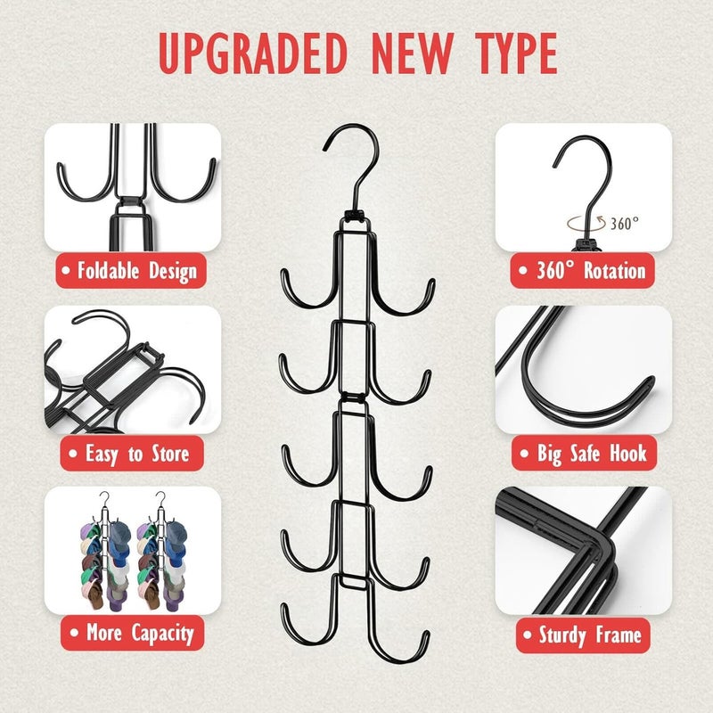 NAKBINX Hat Organizer for Closet, Collapsible Caps Rack with 10 Rotatable Large Hooks, Holds Up to 40 Baseball Caps, Metal Space Saving Hat Hanger for Display, Storage and Closet Organizers, Black - Image 3